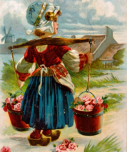Birthday Greetings Postcard Dutch Girl Wooden Shoes Flower Buckets Pink Roses - £11.04 GBP