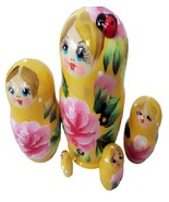 5pcs Hand Painted Russian Yellow Nesting Floral Decor w attached wooden ... - $26.82 CAD
