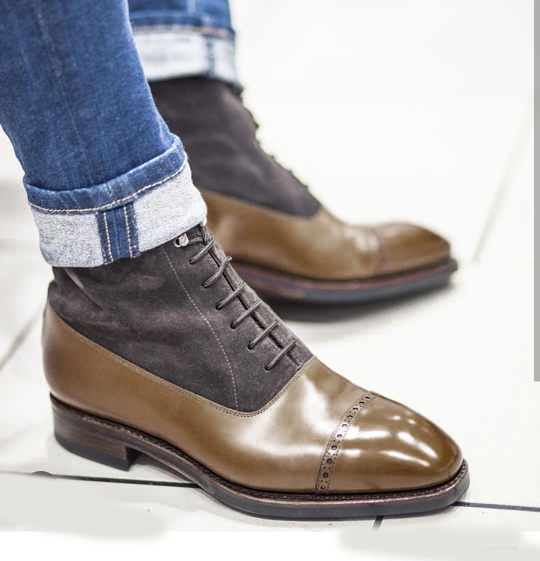 NEW Handmade Men's 2 Tone Brown Cap Toe boot, Men's Lace Up Leather Suede Boot