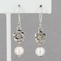 RARE Pandora Sterling Silver &amp; 14K Diamond Pearl Posey Compose Earrings 290620P - £103.90 GBP