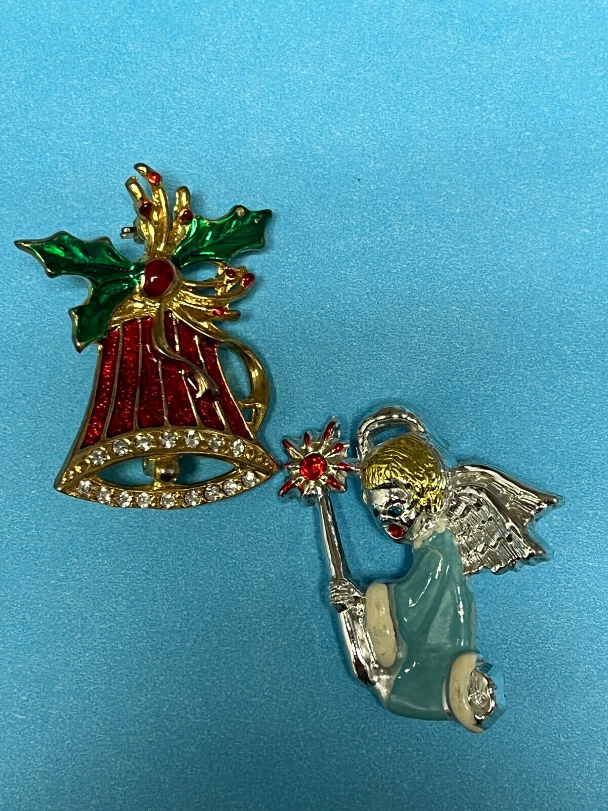 Primary image for Vintage Lot of Red Enamel Christmas Holiday Bell & Praying ANGEL Silvertone Broo