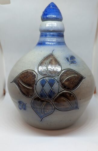 Primary image for Vtg GERMAN Pottery 8" Blue Sunflower Handmade Ceramic Plum Liquor Jug Farm House