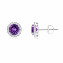 Natural Amethyst Round Earrings with Diamond Halo in 14K Gold (Grade-AAAA , 5MM) - £806.70 GBP