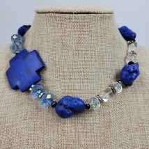 Vintage Hippie Blue &amp; Clear Beaded Choker Necklace 16 Inch - $16.83