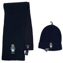 NEW Polo Ralph Lauren Winter Hat &amp; Scarf Set!  Navy  Skier Bear  Wool &amp; ... - £117.67 GBP