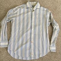 THOMAS DEAN Mens LARGE White Blue Tan Stripe Cotton Casual Shirt w/Flora... - £22.04 GBP