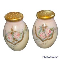 Vintage Floral Salt &amp; Pepper Shakers Painted Gold Top Cork Stopper Sharp - $11.75
