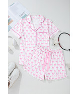Pink Bowknot Print Shirt and Ruffle Hem Shorts Pajama Set - $4,876.17 MXN