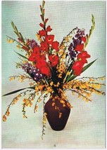 Postcard Bouquet Of Flowers In Vase Gladiolus Forsythia Larkspur - $2.96