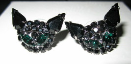 Black Cat Pierced Earrings Black And Green Rhinestones Posts - £14.34 GBP