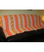 Vtg Handmade Crochet Bright Orange White Afghan Couch Back Blanket Fring... - $29.69