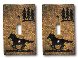 Set of 2 Western Horse And Pine Trees Silhouette Wall Single Toggle Switch Plate - £19.65 GBP