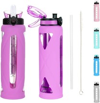 32oz Glass Water Bottles with Straw and Flip Lid, Motivational Bottles (Purple) - £11.49 GBP