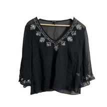 Daisy Fuentes Women’s Black Sheer Blouse Sz S V Neck Embroidery 3/4 Bell Sleeves - £10.48 GBP
