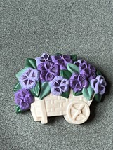 Vintage HMK Marked Purple Pansy Flowers in Cream Flower Cart Plastic Brooch Pin  - £9.10 GBP