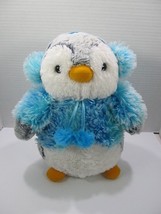 Aurora World 8&quot; Plush Penguin Blue Fuzzy Sweater Ear Muffs  Pom Poms - £13.16 GBP