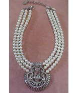 STELLA &amp; RUBY Faux Pearl 3-Strand Necklace Large CLEAR RHINESTONE Center... - $25.00