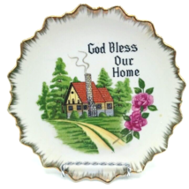 Vintage Kitschy &quot;God Bless Our Home&quot; Gold Trim White Plate 1950s - $14.85