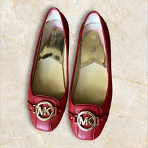 Michael Kors 9M Fulton Moccasin Red Leather Round Toe Ballet Flat Shoe MK Logo - $29.69