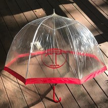 Vintage Plástico Transparente Paraguas Rojo &quot; T Logo - £89.72 GBP