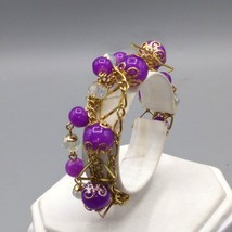 Fabulous Purple Multi Strand Bracelet, Gold Tone Chains with Bright Beads, Open - £34.56 GBP