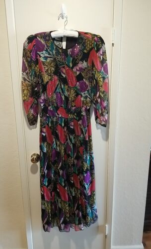 Vtg Diane Freis Maxi Silk Dress Size 10? Elastic Waist Bead Seq Lined Slit Skirt Item image 2