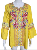 New Calessa Women&#39;s L  Floral Embroidered Tunic Top Multicolor 3/4 Sleeve Boho - $39.15