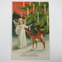 Christmas Postcard Angel Girl in Snow Greets Deer Tree Candles Embossed Antique - £7.94 GBP