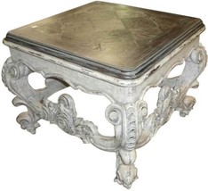 End Table Baroque Rococo Carved, Distressed White Wood, Oak Parquet, Square - £843.68 GBP