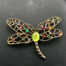 Estate Large Open Work Goldtone Dragonfly w Green Jelly Cab &amp; Colorful R... - £11.66 GBP