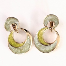 Vintage Green Enamel and Gold Dangle Drop Hoop Clip-On Earrings, 1.5 in. - £31.42 GBP