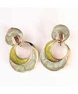Vintage Green Enamel and Gold Dangle Drop Hoop Clip-On Earrings, 1.5 in. - £31.38 GBP