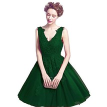 Kivary Sheer V Neck Pearls Beaded Lace Short Prom Homecoming Dress Emerald Green - £77.22 GBP