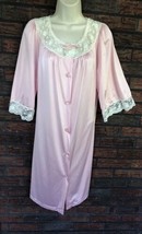 Vintage Pink Robe Medium Nylon Button Front Lace Detail Duster Pajamas Gown VTG - $28.50