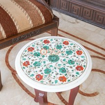 Marble White Round Top Counter Table Malachite Inlay Fine Flora Design Gift Deco - £698.22 GBP