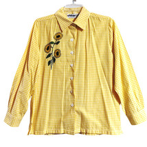 National Button Up Shirt Women’s Med Yellow White Gingham Sunflower Embroidery - £6.88 GBP