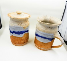 Studio Art Pottery Sugar and Creamer Drip Glaze Blue Orange Cream Signed - £31.89 GBP