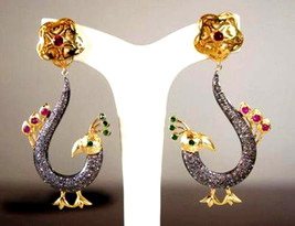 Victorian 1.89ct Rose Cut Diamond Ruby Emerald Wedding Peacock Earrings - $572.18