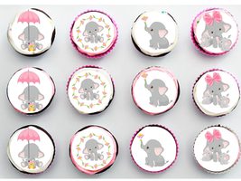 Twelve 2&quot; Cupcake Toppers Baby Shower Pink Elephant Themed Birthday Edib... - £13.05 GBP