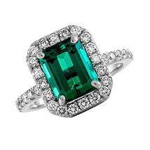 14k White Gold Plated Simulated Green Emerald Cluster Engagement Wedding Ring - $210.35