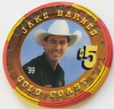 Las Vegas Rodeo Legend Jake Barnes &#39;99 Gold Coast $5 Casino Poker Chip - £15.65 GBP
