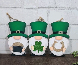 St Patricks Day Gnome Leprechaun Ornaments Irish Wood Holiday 3 Pc Hangi... - $14.99