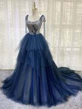 Dark blue tulle lace long prom dress, blue tulle formal dress - £158.27 GBP