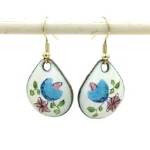 MIDCENTURY vintage copper enamel floral drop earrings - pink blue white ... - $18.00