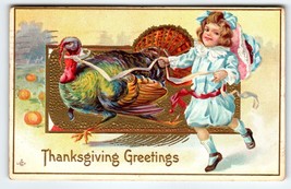 Thanksgiving Postcard Victorian Girl Walking Giant Turkey Pumpkins Stecher 1912 - £7.89 GBP