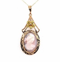9k Rose Yellow Gold Genuine Natural Coral/Shell Cameo Pendant Necklace (#J5784) - £320.50 GBP
