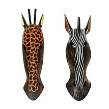 Zeckos Zebra And Giraffe Jungle Carved Wooden Mask Wall Hangings 19 Inch - $49.49