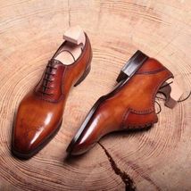 Handmade Men&#39;s Tan Brown Brogue Leather Oxford Chisel Toe Dress Shoes For Men - £102.86 GBP