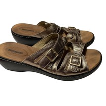 Clarks Womens Slide Sandals Brown leather Buckle Wedge Open Toe Casual Size 12 - £16.76 GBP