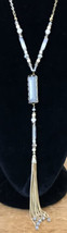 Goldtone Milky Facet Stone Chain Beaded Tassel Pendant Necklace 15.75” Drop - $18.99